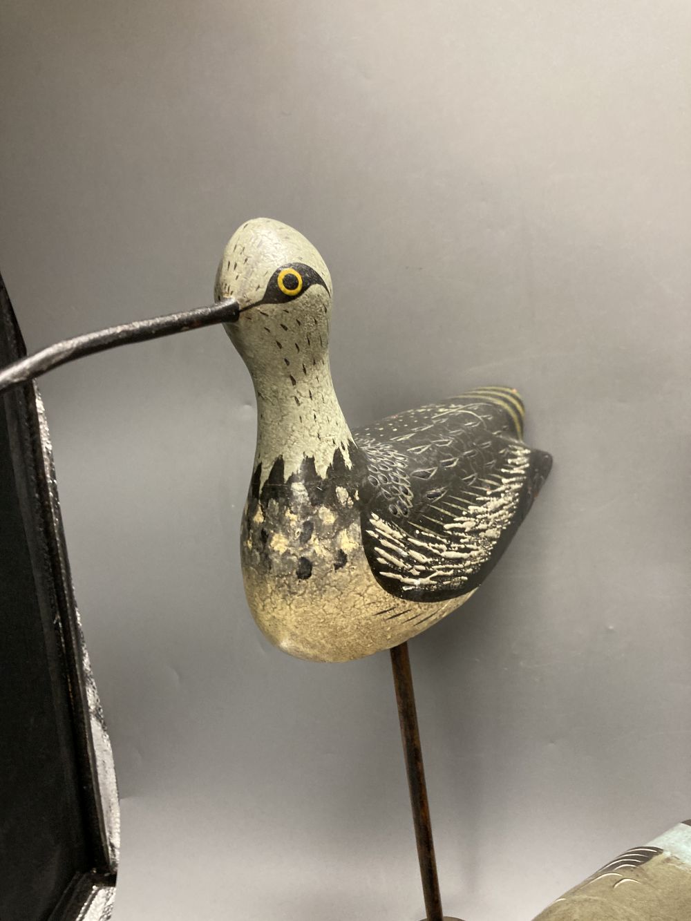 Two painted decoy wading birds on stands and a pigeon on stand, tallest 50cm